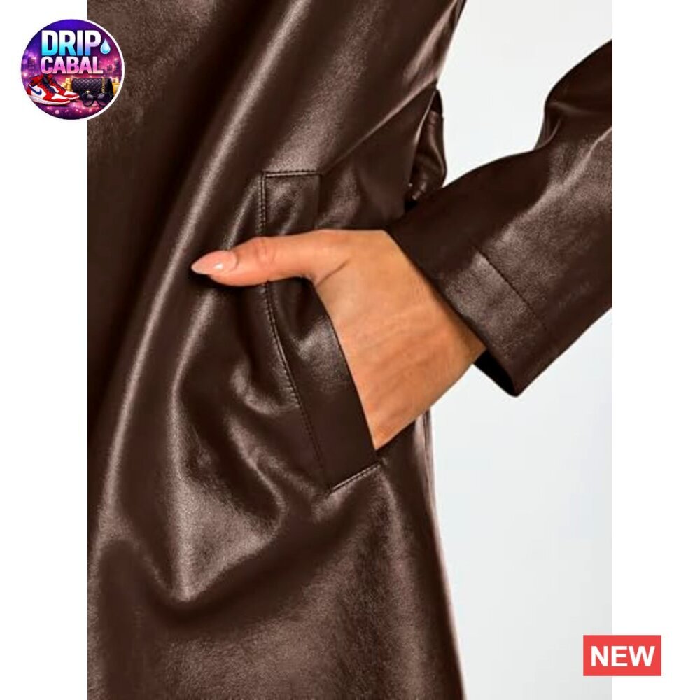 Faux Leather Trench Coat Long Lapel Open Front Belted Chic Elegant Peacoat - Picture 6 of 6